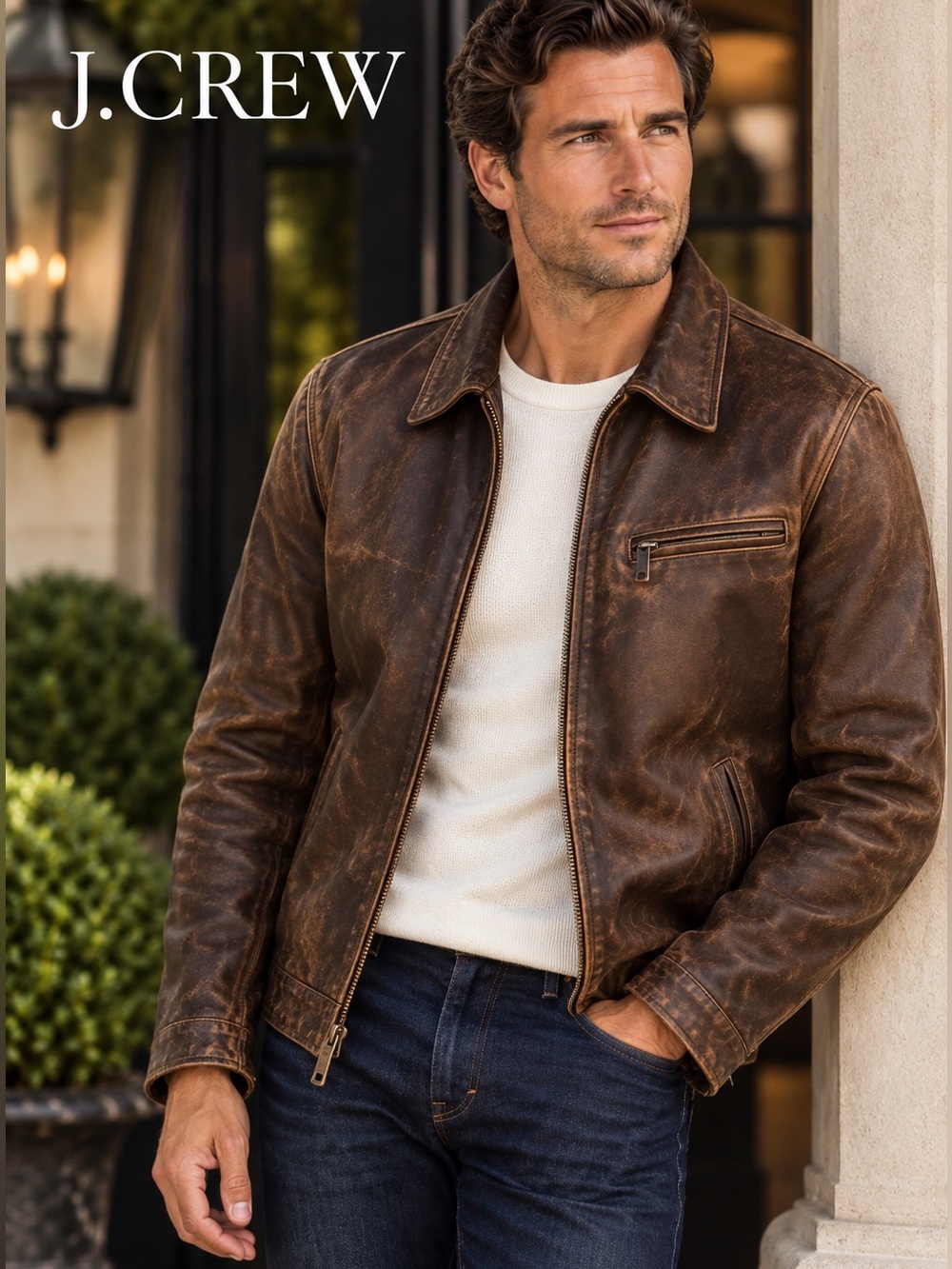 J.Crew Old America Distressed Leather Moto Jacket Brown Large